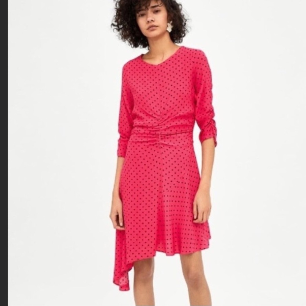 ZARA trf Collection. Hot Pink Polka Dot Ruched Asymmetrical Mini Dress.